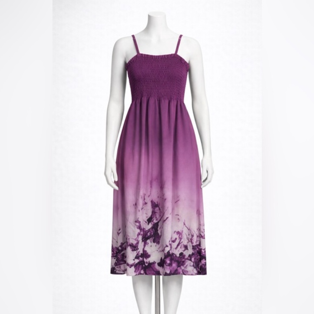 DNLA Sport Purple Ombre Dress L Smocked Stretch Midi A Line Tie Dye Summer